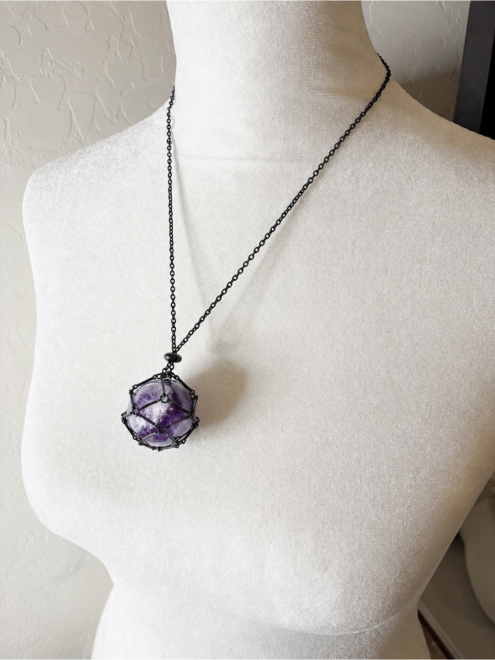 🖤 Natural Amethyst Sphere Necklace | Black Iron Metal Cage